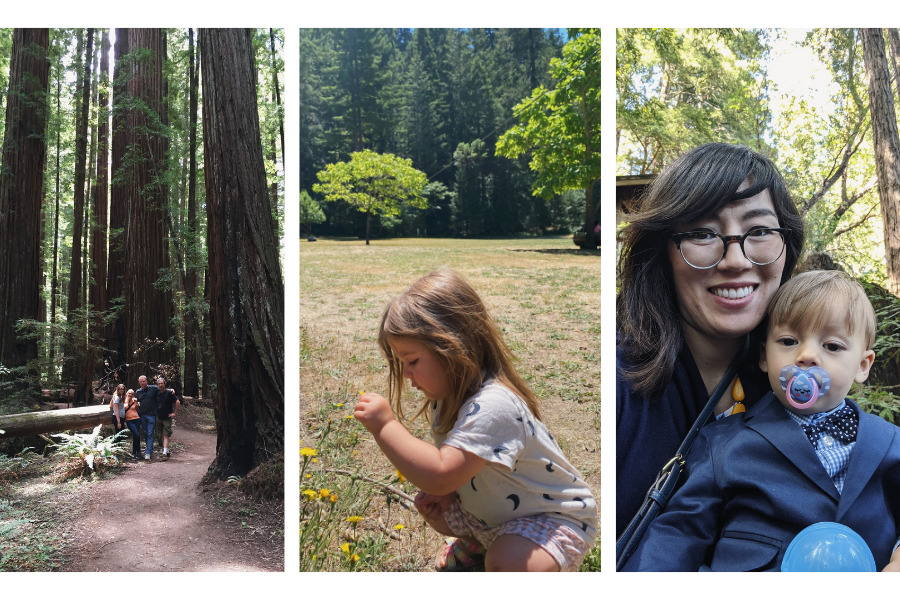 Three images including a family posing in front of tall trees, a little girl crouched in a field, and a mother and son posing in the woods