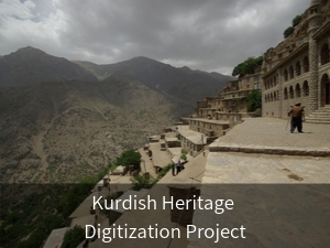 Kurdish Heritage Digitization Project. Background image: Building in Eastern Kurdistan on mountain with man in front.